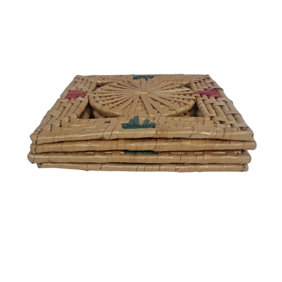 Vintage Straw Woven Square Trivets Set Of Four Pink Green Retro Boho - Picture 4 of 9
